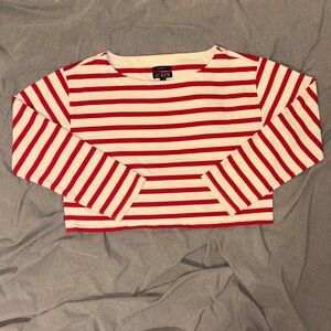 J. Crew Red and Cream Striped Cropped Fit Top